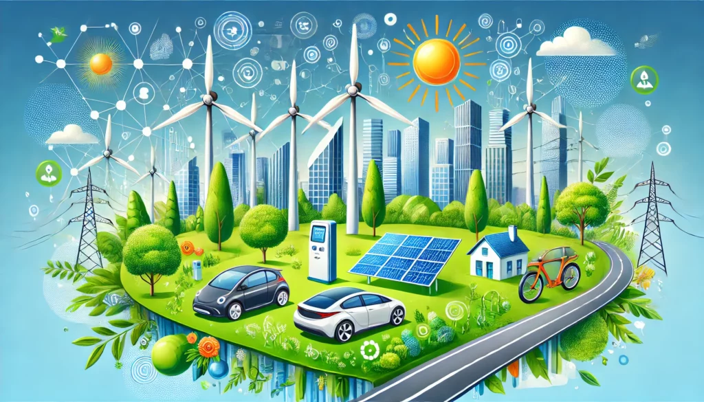 Illustration of clean technology: solar panels, wind turbines, electric vehicles, and a modern city skyline