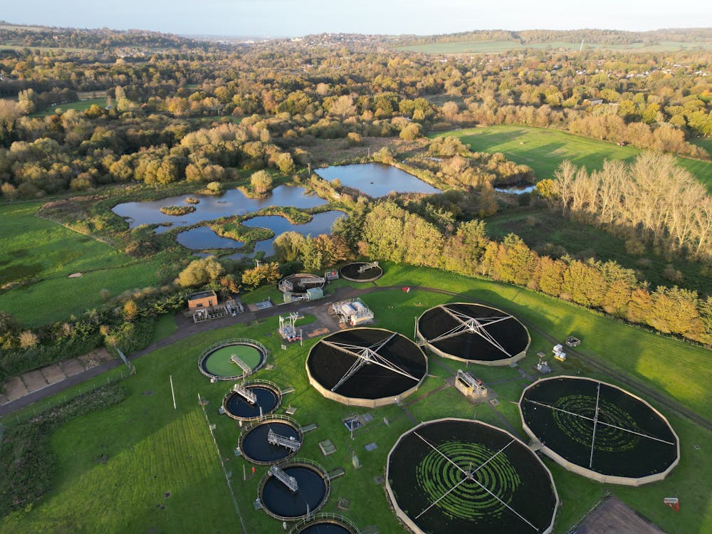 Aerial View of Artificial Ponds in Forest